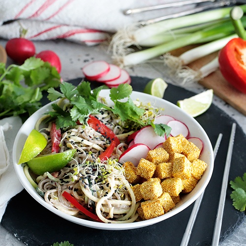 Soba Noodle Bowl w/ Crispy Tofu (Vegan + GF) • Green Evi