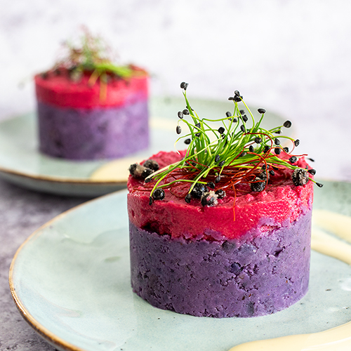 Purple Potato Towers w/ Roasted Garlic Sauce • Green Evi